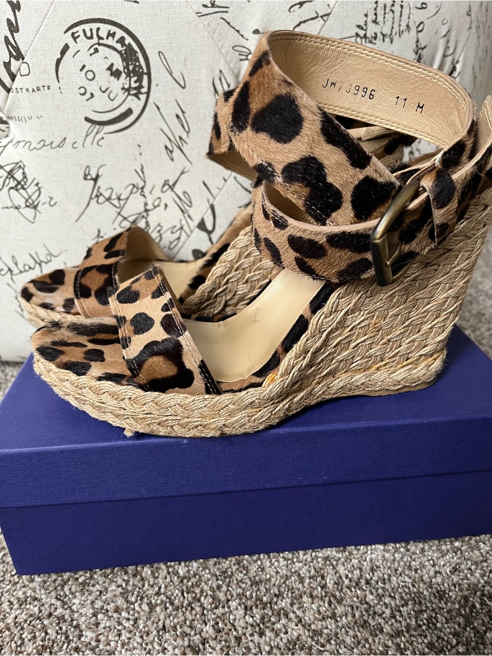Stuart Weitzman Leopard Print Espadrille Wedge Sandals - Tan/Black Size 11